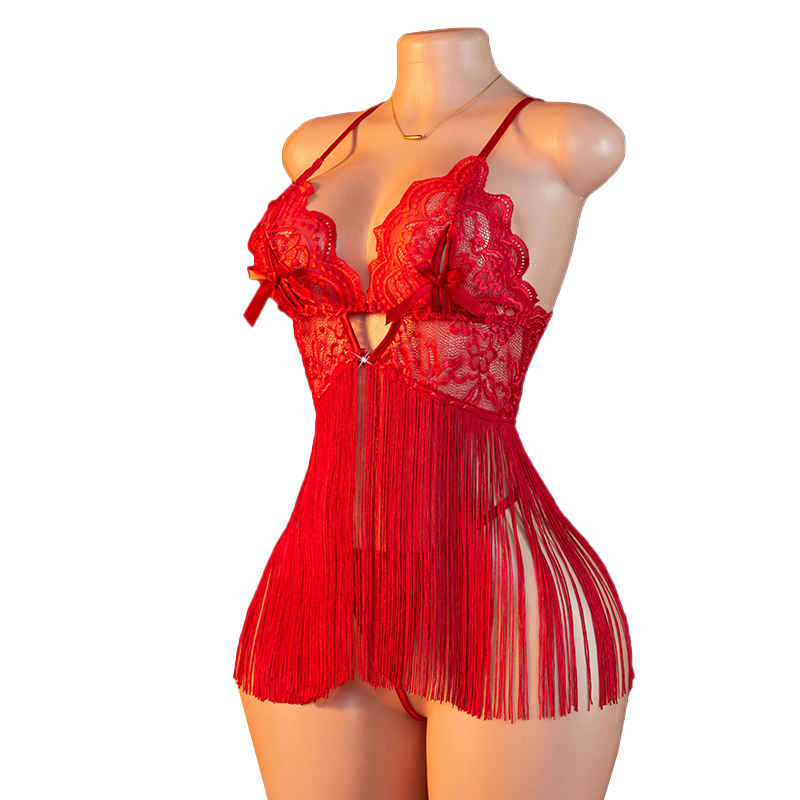 Lace Bralette Set - Transparent Lace Women Red Strap Tassel